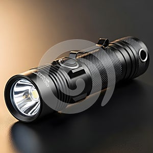 Compact black flashlight on dark surface