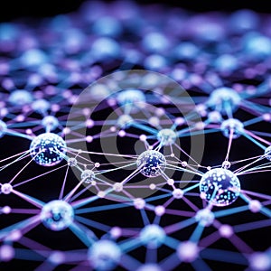 Image features a complex network of glowing spheres connected by