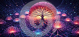 This image features a complex network of interconnected nodes and lines,