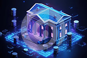 3D isometric illustration of a digital bank with blue rooftop and coins