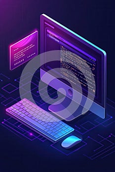 Futuristic 3D isometric design showcasing web development and digital coding