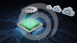 Central processing unit with cloud icons, isolated on white background