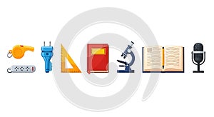 A collection of educational tools and objects on a white background back to school