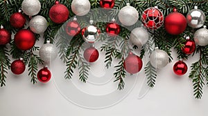 Festive Christmas Border with Red and Silver Balls Hanging in Fir Garland