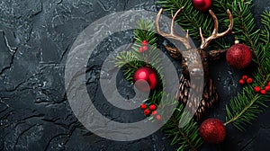 Festive Reindeer Decoration with Fir Branches and Red Bauble on Black Stone - Christmas Concept