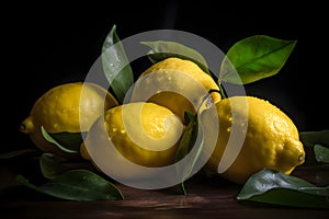 Fresh lemons, green leaves, and droplets of water that enliven the dark background. photo