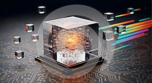 Abstract Technology Concept Futuristic Cube, Circuit Board, Digital Network