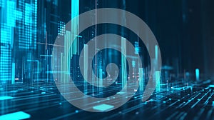 Futuristic digital growth chart with glowing blue bar graph elements, showcasing advanced technology and data visualization in a