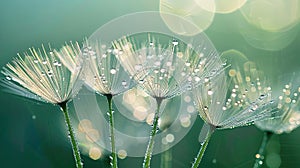 Glistening Dandelion Seeds: A Symbol of Renewal and Hope, Captured with Dew Drops in a Stunning Macro Shot