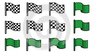 A collection of checkered and green flags waving on poles in a grid pattern