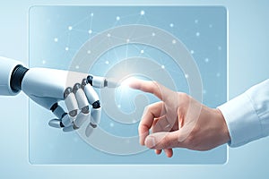 Human and robot hands touch, symbolizing artificial intelligence and future technology.