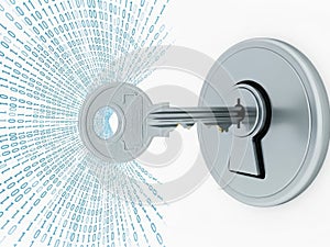 Key in lock with binary code isolated on white background