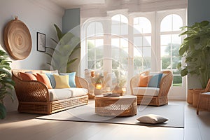 image features a living room that has been tastefully decorated with wicker furniture in lively, vibrant colors