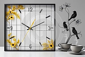 The image features a meticulously crafted wall clock, set against a pristine white backdrop.