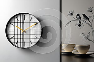 The image features a meticulously crafted wall clock, set against a pristine white backdrop.
