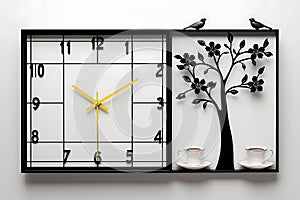 The image features a meticulously crafted wall clock, set against a pristine white backdrop.