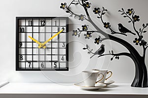 The image features a meticulously crafted wall clock, set against a pristine white backdrop.