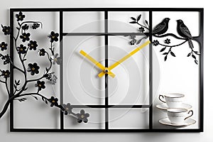 The image features a meticulously crafted wall clock, set against a pristine white backdrop.