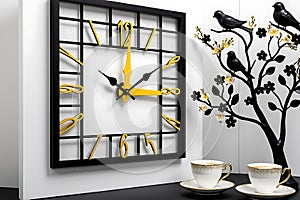 The image features a meticulously crafted wall clock, set against a pristine white backdrop.
