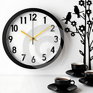 The image features a meticulously crafted wall clock, set against a pristine white backdrop.