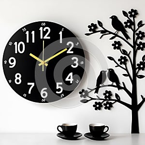 The image features a meticulously crafted wall clock, set against a pristine white backdrop.
