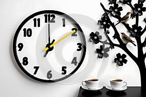 The image features a meticulously crafted wall clock, set against a pristine white backdrop.