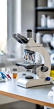 Microscope and Test Tubes on Table