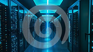 Modern Data Center with Blue Lighting, Generative AI
