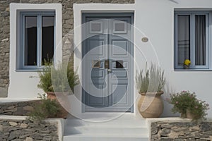 Contemporary Residential Entrance with Gray Front Door and Decorative Windows