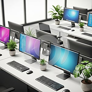 Modern office setup with computers isolated on white background isolated on white background