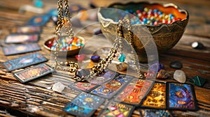 Magical Altar with Tarot Pendulum, Cartomancy, Chakra Stones, and Defocused Cards photo
