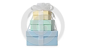 Stack of colored gift boxes with ribbons