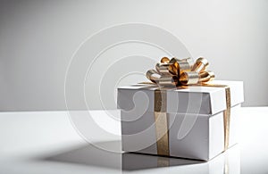 A wrapped gift box with a gold ribbon and bow on a white surface with a plain