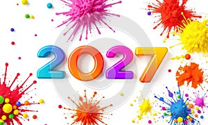 Colorful 2027 Text with Paint Splatters on White Background 1