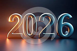 Metallic 2026 Numbers with Orange and Blue Lighting on Dark Background
