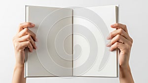 Hands holding open book isolated on white background