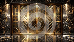 Large goldtoned metal doors with diamond lattice pattern set in black marble wall with gold veins