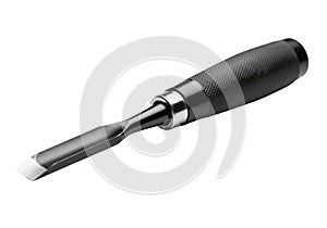 A sharp wood chisel tool with a dark handle and metal ferrule on a dark surface