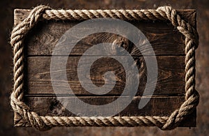 A rustic wooden signboard framed with thick rope on dark wooden background