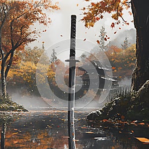 Samurai Sword in Autumnal Forest