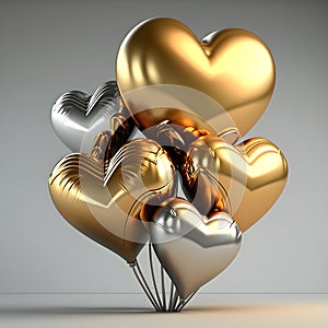 Bunch of gold color heart shaped foil balloons  on white background. Valentine's Day party decoration
