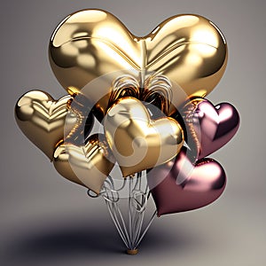 Bunch of gold color heart shaped foil balloons  on white background. Valentine's Day party decoration