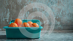 Basketballs in a Blue Plastic Container, Generative AI photo