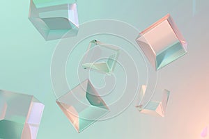 Floating transparent cubes in a soft pastel background.