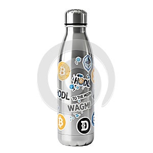 A silver water bottle with cryptocurrency designs on transparent background