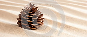 A single brown pine cone rests on a sandy surface.