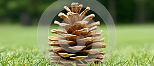 A pine cone in the grass.
