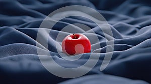 A red apple sits on a blue fabric. photo