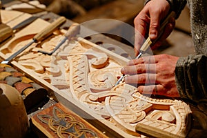 Remeselník tesár rezba ozdobený na drevený povrch 