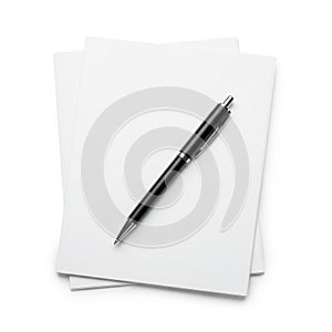 Pen and paper stack isolated on white background